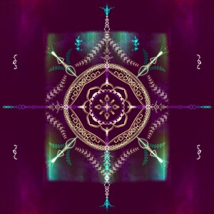 May include: Digital art of a symmetrical mandala design. The artwork features a central gold-colored floral pattern surrounded by intricate details. Teal and purple accents are present throughout the design, set against a deep burgundy background.