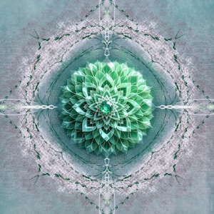 May include: A digitally created image featuring a central green floral design with a jewel-like center. The design is set against a backdrop of teal and gray tones, with symmetrical patterns and glowing accents. Decorative script is in each corner.