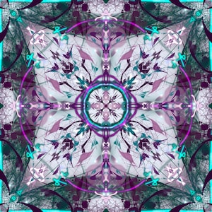 Può includere: Un'opera d'arte digitale simmetrica con un complesso design a mandala. L'opera utilizza una tavolozza di colori verde acqua, viola e bianco. Il design include forme circolari e geometriche, con dettagli intricati e un effetto luminoso.