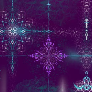 May include: Digital artwork with symmetrical, ornate designs in purple, teal, and white. The image has a dark, textured background with glowing lines and floral-like patterns, creating a mystical and ethereal aesthetic.