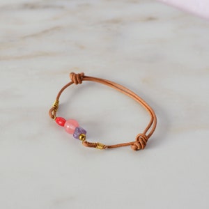 Purple Amethyst Rose Quartz Crystal Coral Adjustable Friendship Style Stackable Leather Bracelet