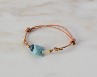 Lapis Lazuli Teal Amazonite Fluorite Crystal Adjustable Friendship Style Stackable Leather Bracelet