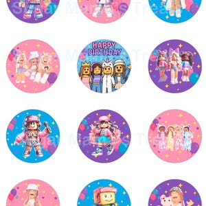 May include: A collection of circular stickers featuring Roblox characters in various outfits and poses. The stickers are set against colorful backgrounds of pink, purple, and blue, with balloons and stars. One sticker reads "Happy Birthday."