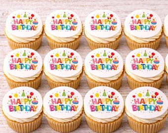 May include: A grid of twelve cupcakes with white frosting, each topped with a circular edible topper featuring the colorful text HAPPY BIRTHDAY, along with illustrations of party hats, balloons, and gift boxes on a white background.
