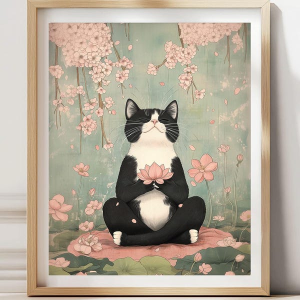 Tuxedo Cat Meditating Print: Japandi Zen Yoga Art Sage Green