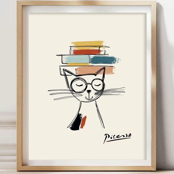 Cat with Books Wall Art Print, Minimalist Picasso Inspired Cat Poster