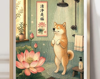 Puede incluir: Una impresión artística enmarcada que representa a un perro Shiba Inu de pie bajo una ducha en un baño. La escena incluye una gran flor de loto rosa en primer plano, un pergamino de pared con caracteres chinos, una toalla y un pequeño taburete de madera.