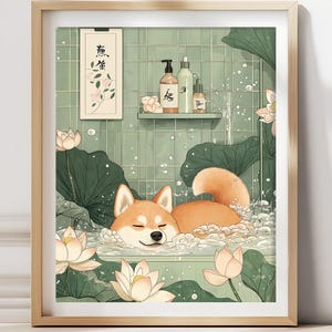 Shiba Inu in Bathtub Funny Dog Poster Zen Wall Art Dog Lover Mom Gift Japandi Bathroom Decor Minimalist Aesthetic Poster Ukiyo-e Dog Gift