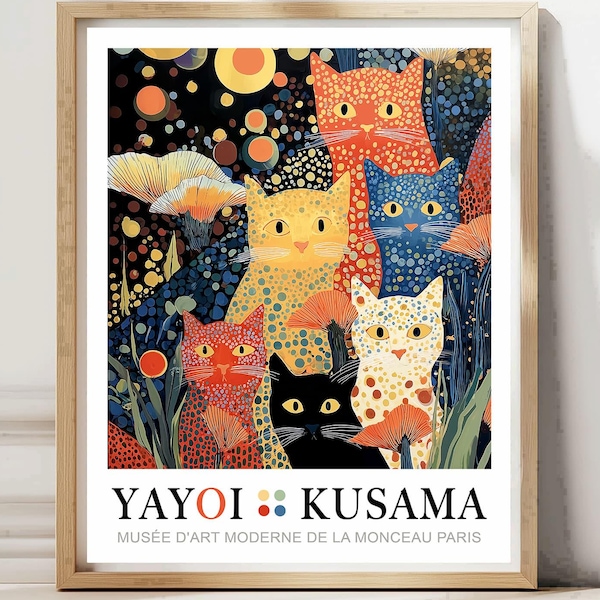 Colorful Cat Poster, Kusama Inspired Floral Art Print, Modern Abstract Feline Decor, Whimsical Botanical Artwork