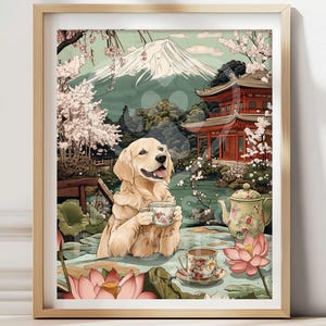 Póster de Golden Retriever bebiendo té en el monte Fuji, arte de pared de perro japonés, decoración Japandi, impresión minimalista peculiar para mascotas, regalo zen para amantes de los perros.