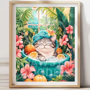 Grey Tabby Cat in Bathtub Poster Hawaii Cat Wall Art Island Bathroom Decor Caribbean Kitty Print Hibiscus Coastal Gift Funny Pet Artwork