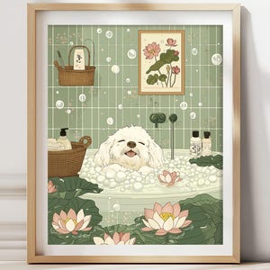 May include: A framed illustration depicts a white dog in a bathtub filled with bubbles and lotus flowers. The bathroom has a green tile wall, a small framed picture, and two wicker baskets. The dog is smiling, and the overall theme is relaxation.
