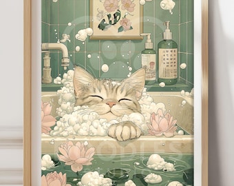 Tabby Cat Japanese Cat Art ,Tabby Cat Poster, Bathroom Wall Art, Cat in Bathtub Print