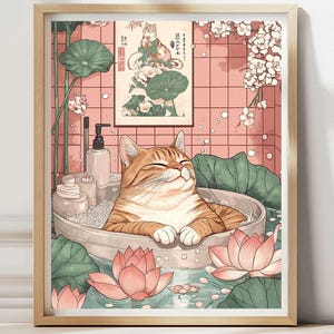 Póster de gato gordo naranja en la bañera, divertido arte de pared japonés vintage, decoración de baño zen japandi, regalo para amantes de los gatos en rosa suave y verde.