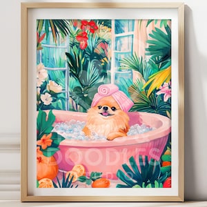 Póster de Pomerania en la bañera, divertido arte de pared de perro hawaiano, decoración de mascotas tropicales peculiares, impresión de baño linda, regalo de animal isleño, obra de arte de cachorro costero