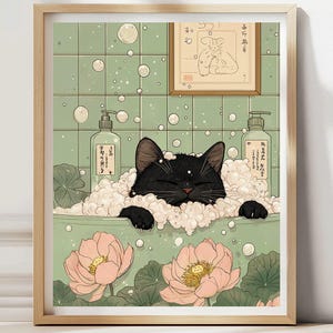 Black Cat in Bathtub Poster, Funny Cat Bathroom Decor, Japandi Wall Art, Zen Spa Bathroom Print, Cat Lover Gift