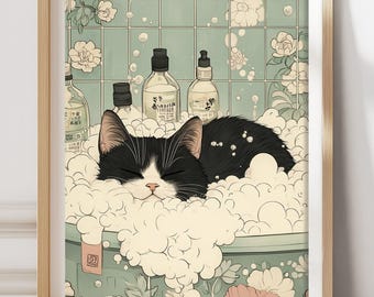 Tuxedo Cat Bathroom Poster, Funny Japanese Bathtub Wall Art, Black Cat Spa Print, Japandi Bathroom Decor, Cat Lover Gift