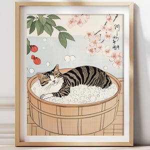 Tabby Cat in Bathtub Art Print: Zen Japandi Bathroom Decor