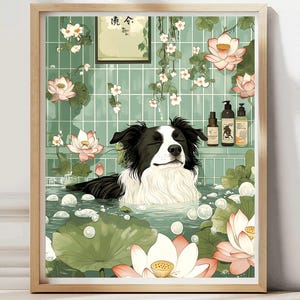 May include: A framed art print depicts a black and white dog relaxing in a bathtub filled with water, bubbles, and lotus flowers. The dog is surrounded by green tiles and bottles of bath products. The artwork has a serene, spa-like theme.
