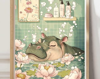 Hippo Bathtub Wall Art, Funny Japandi Bathroom Poster, Quirky Animal Spa Print, Zen Bathroom Decor, Cute Hippo Bath Art