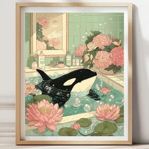 Funny Orca in Bathtub Print: Japanese Ukiyo-e Whale Art
