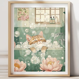 Funny Tabby Cat Ukiyo-e Print: Japanese Bathroom Art