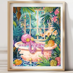 Octopus in Bathtub Art Print: Quirky Coastal Bathroom Decor
