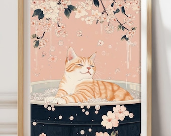 Ginger Cat in Bathtub Art Print: Funny Japandi Bathroom Decor