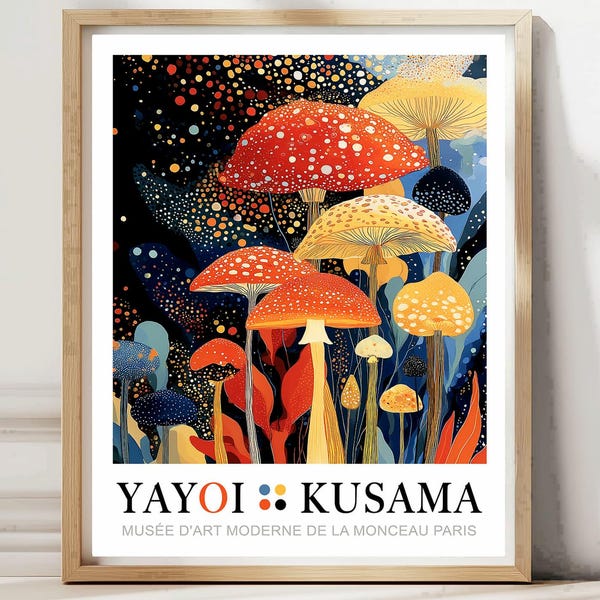 Mushroom Art Print, Kusama Poster Botanical Decor, Whimsical Nature Wall Art, Japandi Cottagecore Decor