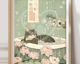 Gray Tabby Cat in Bathtub Print, Funny Japandi Bathroom Wall Art, Japanese Cat Poster, Sage Green Spa Decor, Cat Lover Gift