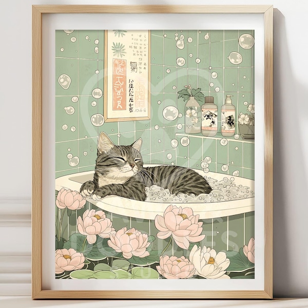 Póster de baño con gato atigrado gris, arte mural para baño Japandi, decoración de spa japonés