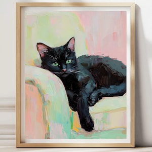 Póster de gato negro, retrato de gato, arte mural, pintura al óleo, gato con ojos verdes, arte mural minimalista de gato en rosa pastel y verde, regalo para amantes de los gatos.