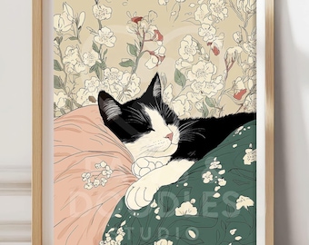 Sleeping Tuxedo Cat Japanese Print, Japanese Cat Art, Zen Decor, Minimalist Japandi Art