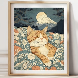 Orange Cat Mount Fuji Print: Japanese Minimalist Wall Art