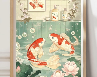 Koi Fish Bathroom Poster, Funny Japanese Bathtub Wall Art, Ukiyo-e Inspired Bathroom Decor, Japandi Zen Spa Print