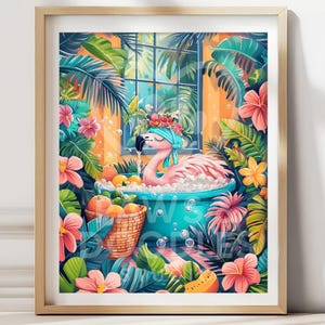 Flamingo in Bathtub Poster Hawaii Funny Pink Bird Wall Art Tropical Bathroom Decor Island Print Cute Coastal Gift Caribbean Flamingo Art