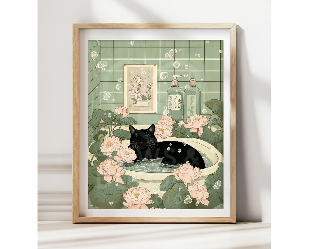 Black Cat Bathroom Poster, Funny Japanese Bathtub Wall Art, Japandi ...
