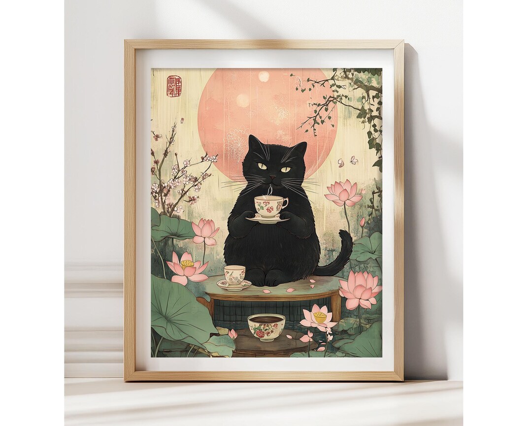 Black Cat Drinking Tea Art Print: Japanese Zen Ukiyo-e Wall Decor - Etsy