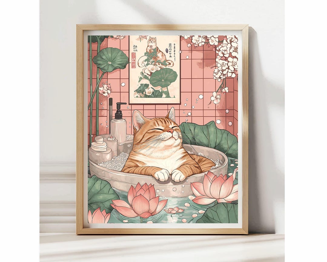 Funny Orange Cat in Bathtub Art Print: Japanese Zen Bathroom Decor - Etsy