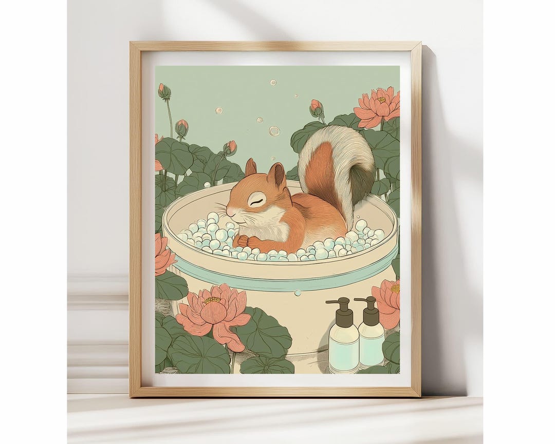 Squirrel in Bathtub Print: Funny Japandi Bathroom Asian Wall Art - Etsy
