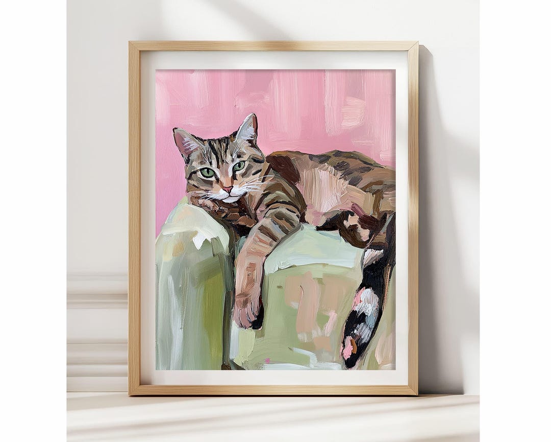 Tabby Cat Portrait: Oil Painting Art Print, Pink Background - Etsy