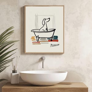 Minimalist dog bathtub art print for modern decor