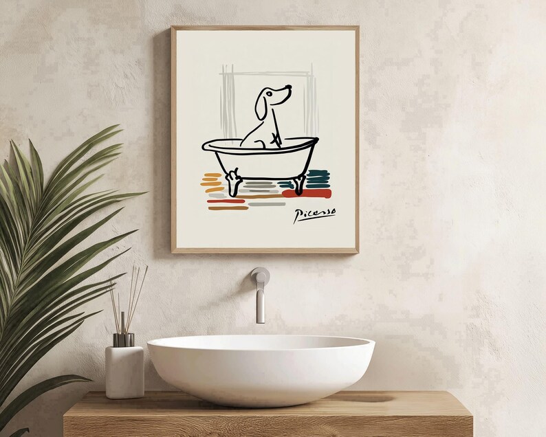 Minimalist dog bathtub art print for modern decor