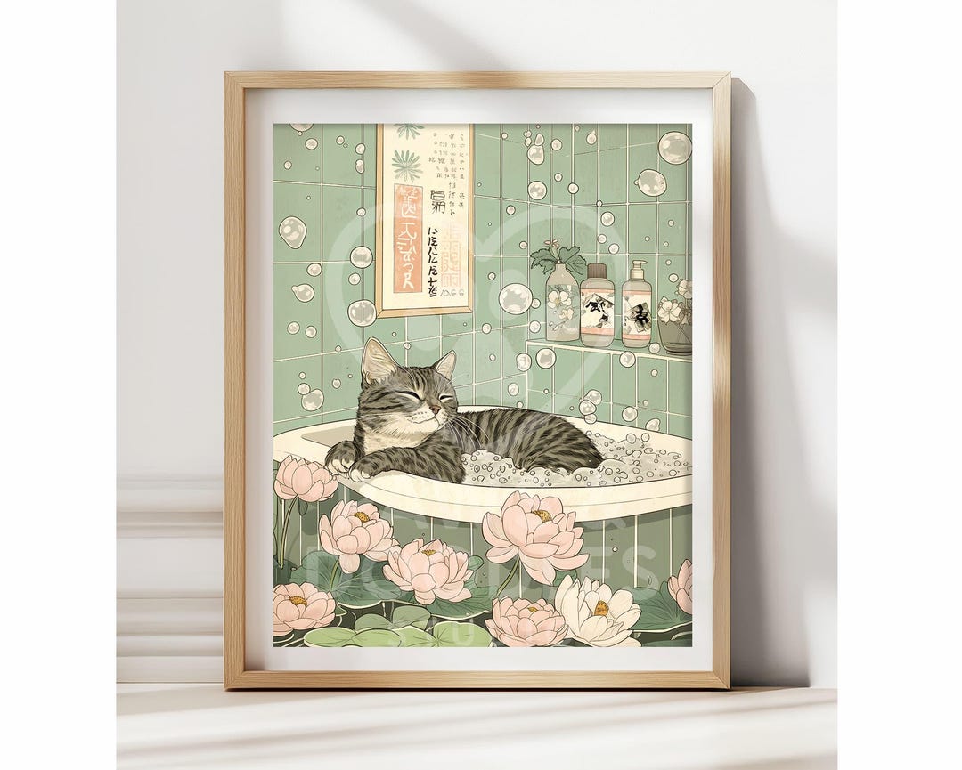 Gray Tabby Cat in Tub: Japanese-style Funny Bathroom Poster - Etsy