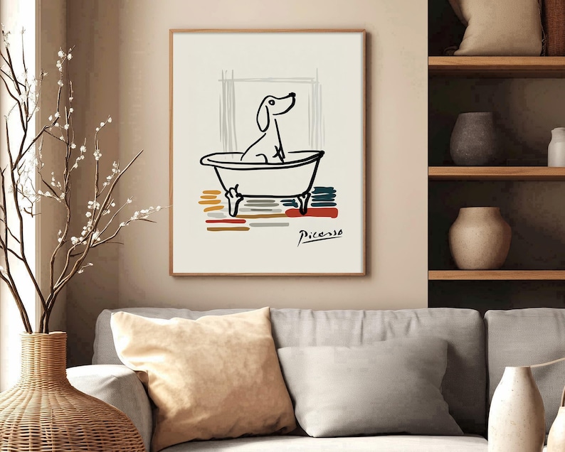funny bathroom poster dog in bathtub Picasso print