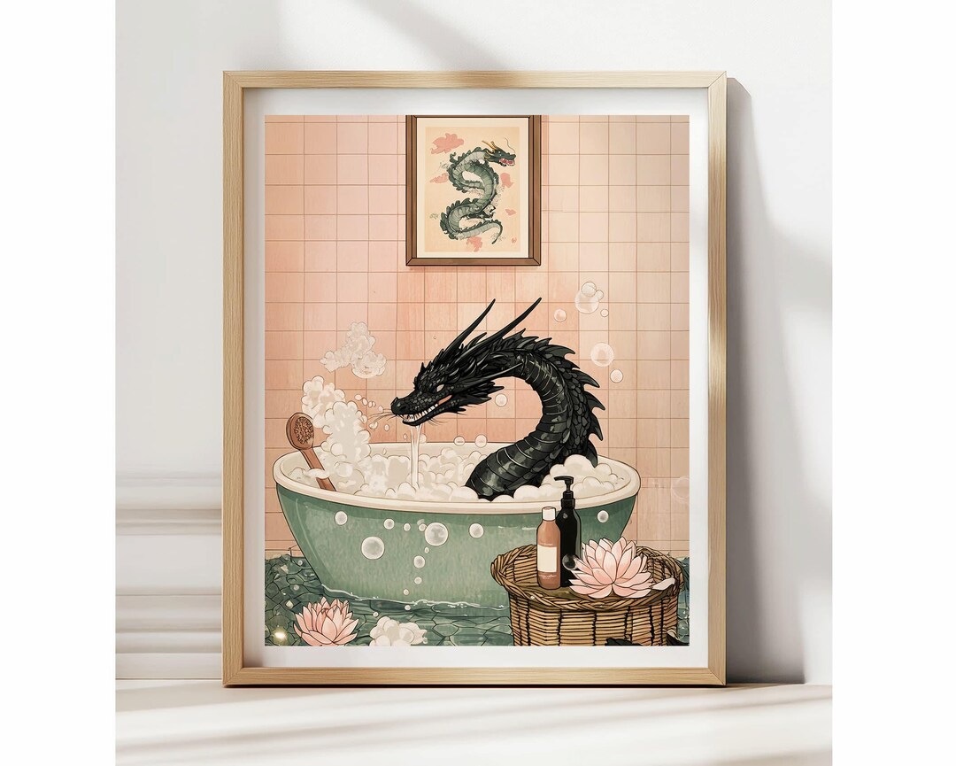 Japanese Dragon Bathroom Poster, Funny Japandi Wall Art, Zen Dragon ...