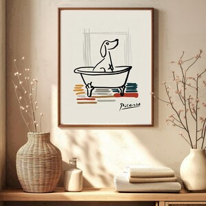 Playful dog illustration in bathtub modern art