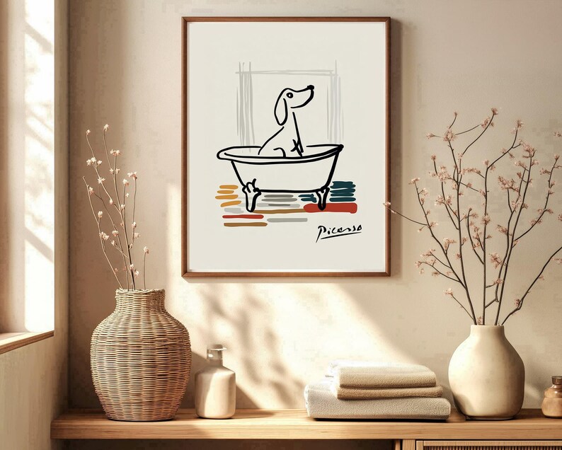 Playful dog illustration in bathtub modern art