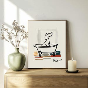 Funny dog bathroom wall art with abstract line drawing