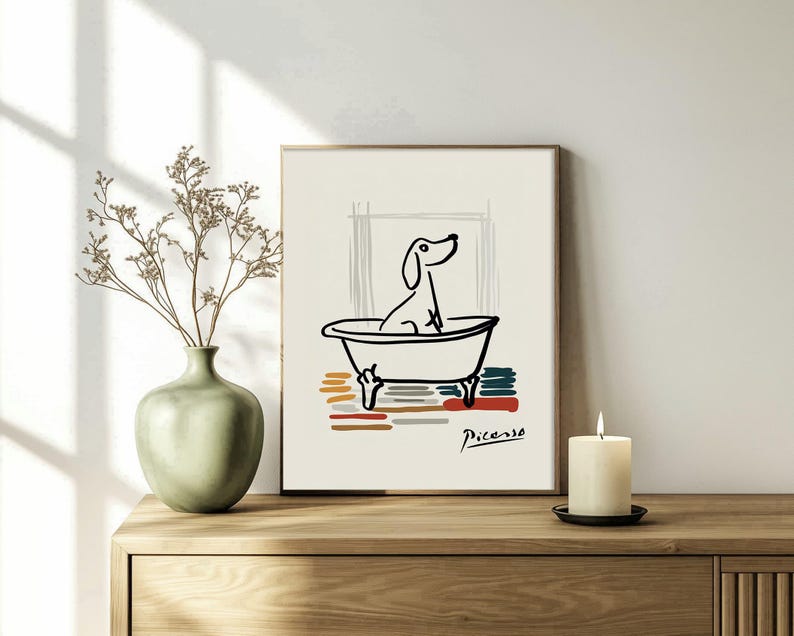 Funny dog bathroom wall art with abstract line drawing